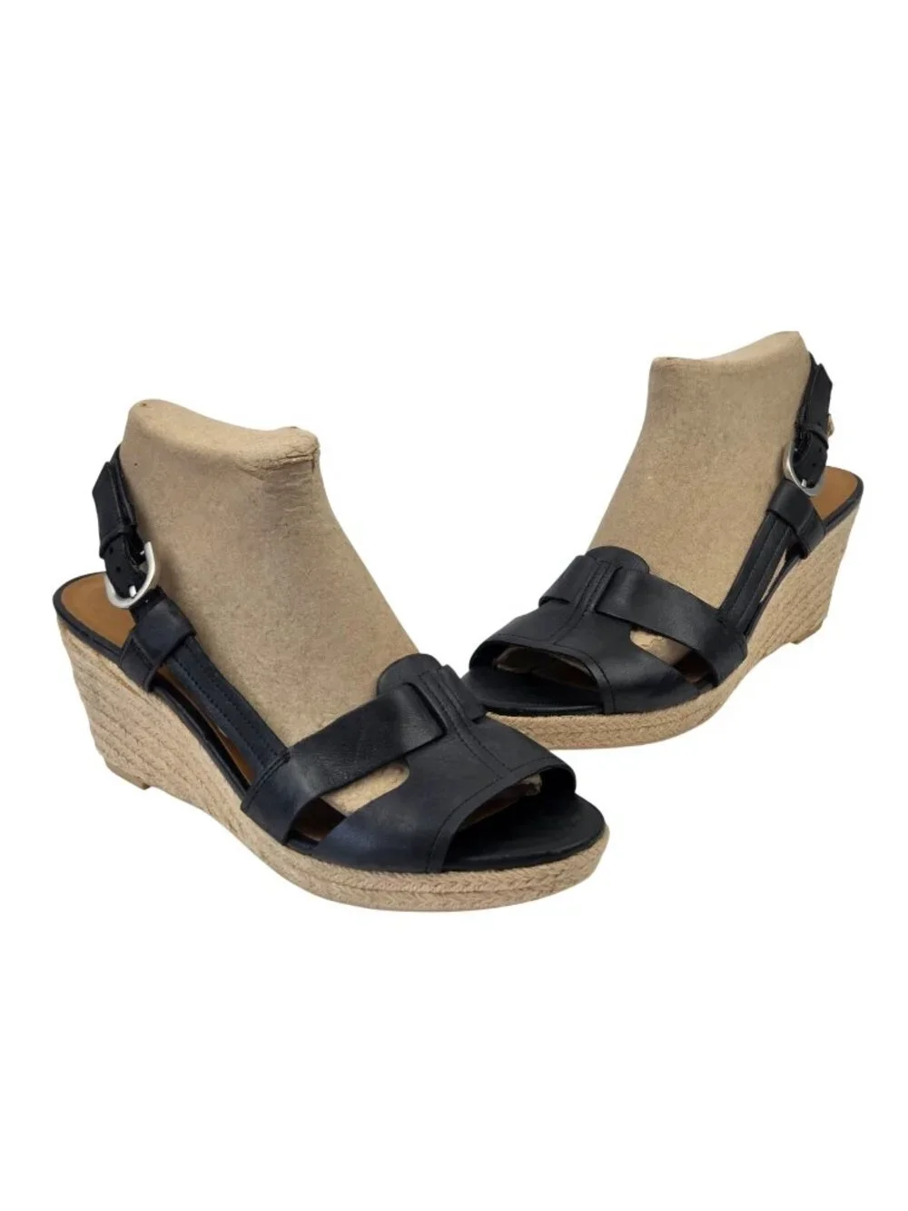 Franco Sarto Black Leather Wedge Espadrille Sandals Size 8.5